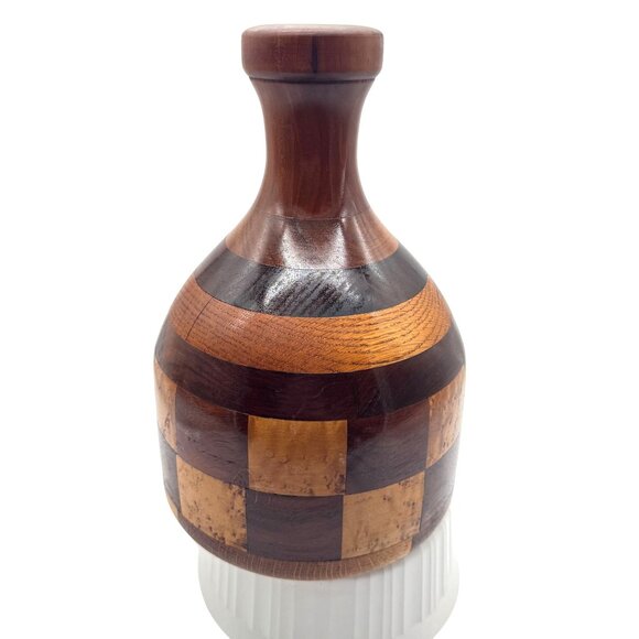 Handcrafted Wooden Decorative Vase from Kaneohe Hawaii W/ Checkered Pattern 11"H - Picture 3 of 6